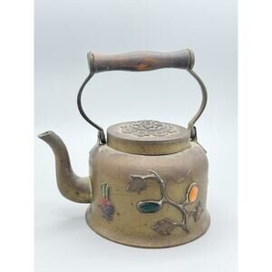 Vintage Chinese Export Brass Teapot w/ Applied Vine & Cabochon Stones Decorative